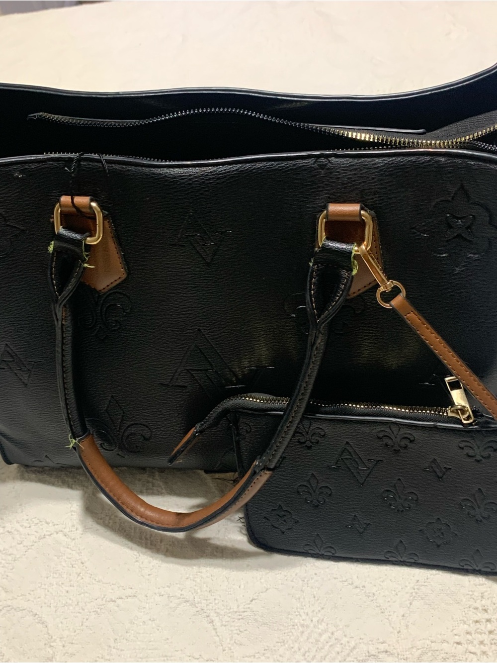 Adrienne Vittadini Black Leather Embossed Tote with Brown Trim - Luxury Inspired